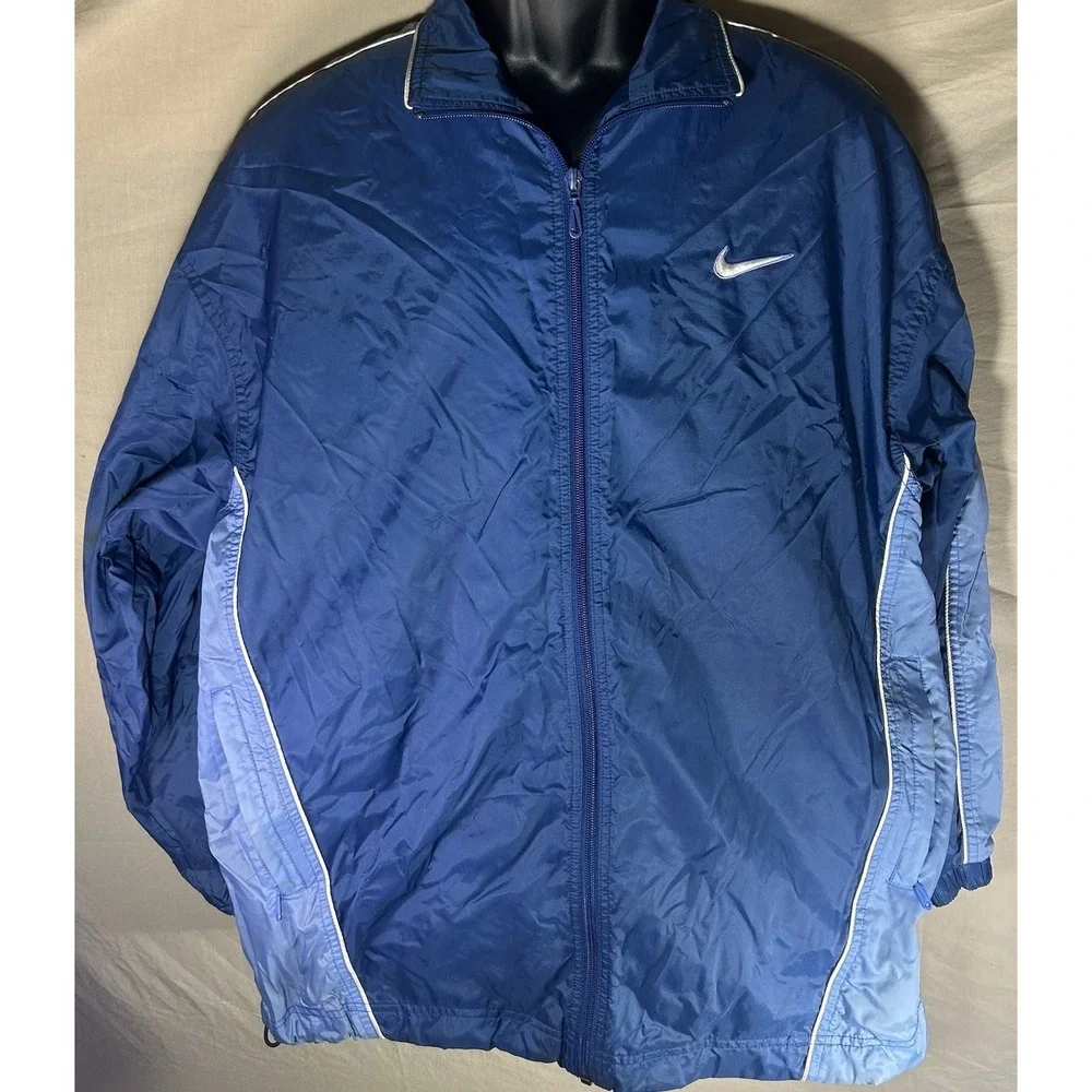 Vintage Nike Windbreaker Track Jacket‎ Blue Big Spellout Logo Youth Size M 8-10